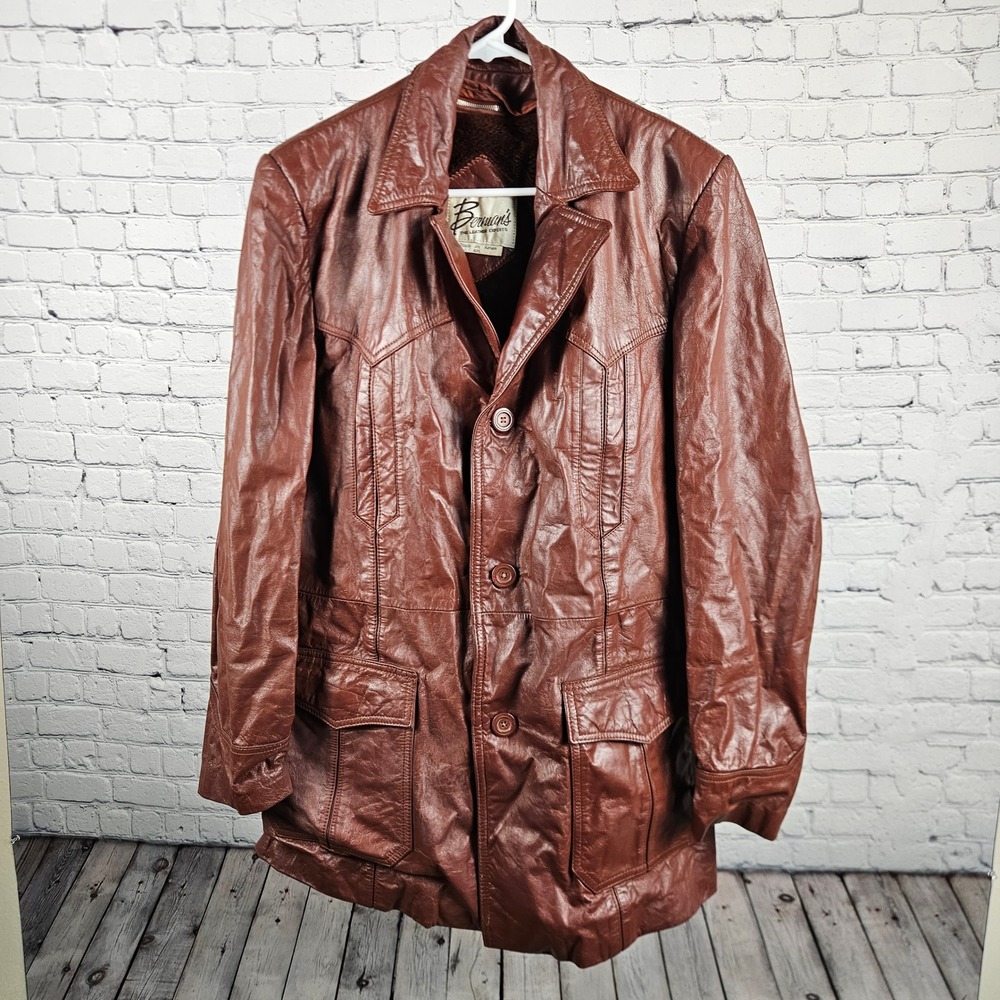 Bermans Vintage Mens Brown Leather Car Coat Faux Fur Lined Western Jacket 42L